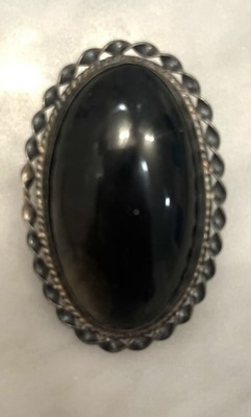 Mexico Sterling silver Obsidian Brooc/pendant.  2x 1.5 In